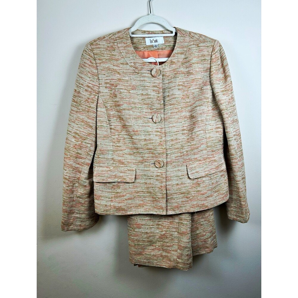 Le Suit 2-Piece Skirt Suit Set Size 14 Beige Pink Green Linen Blend Lined
